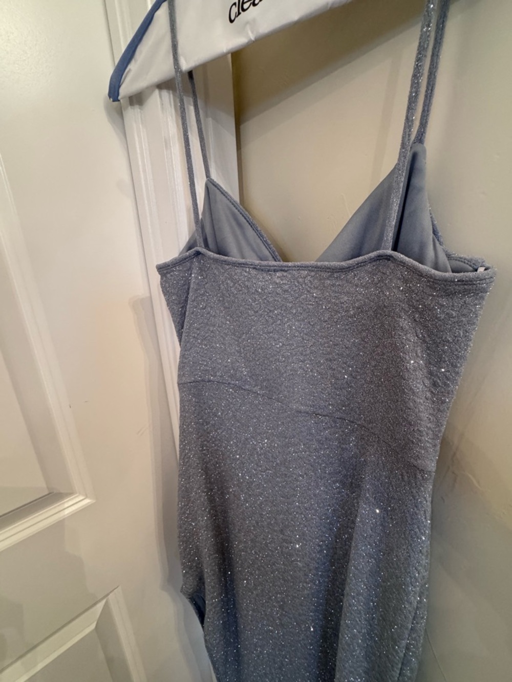 Stunning Silver light blue shimmer Neck Sequin Slip Dress - Women's Evening Gown - Picture 8 of 8